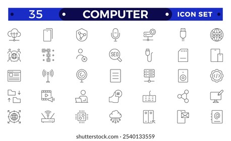 Conjunto de iconos de computadora. Conteniendo en línea, ordenador, red, Sitio web, servidor, Diseño web, hardware, software monitor, smartphone, tableta y portátil y programando . Colección de Vector de iconos de contorno.
