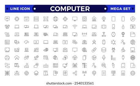 Conjunto de iconos de computadora. Conteniendo en línea, ordenador, red, Sitio web, servidor, Diseño web, hardware, software monitor, smartphone, tableta y portátil y programando . Colección de Vector de iconos de contorno.
