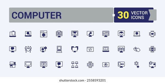 Computer icon set. Contains related to keyboard, pc, sync, display, laptop, computer, mouse and more. Modern thin icons. Solid line editable stroke.