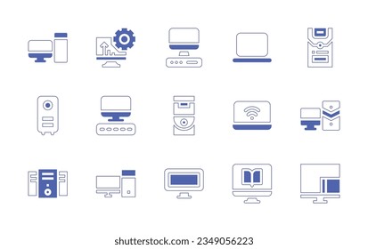 Computer icon set. Duotone style line stroke and bold. Vector illustration. Containing pc, computer, desktop, tower, laptop, screen, mirroring.
