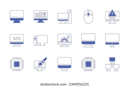 Computer icon set. Duotone style line stroke and bold. Vector illustration. Containing computer, pc, mouse, warning, coding, cms, chip, graphic, design, cpu, network.