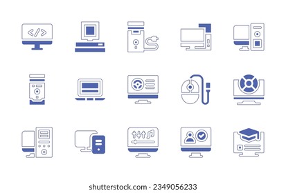 Computer icon set. Duotone style line stroke and bold. Vector illustration. Containing monitor, computer, pc, science, test, mouse, information, online, course.