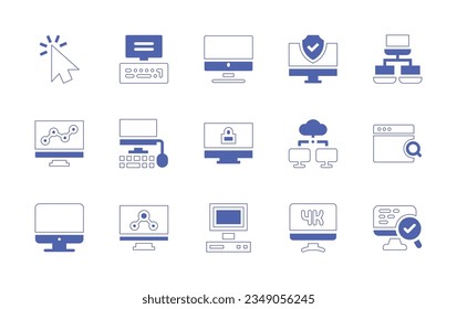 Computer icon set. Duotone style line stroke and bold. Vector illustration. Containing cursor, typing, computer, network, locked, cloud, search, old, checking.