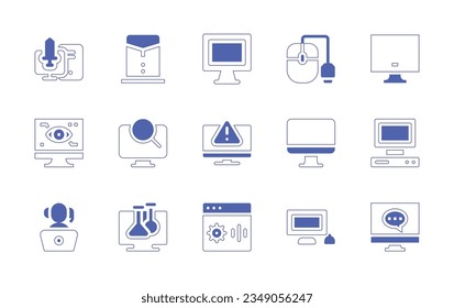 Computer icon set. Duotone style line stroke and bold. Vector illustration. Containing computer, game, mouse, screen, alert, operator, virtual, lab, nlp, personal.