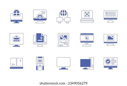 Conjunto de iconos del equipo. Curso de línea de estilo duotónico y negrita. Ilustración vectorial. Conteniendo computadora, ajustes, red, ciencia, facturación, personal, pc, juego, monitor, votación.