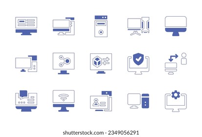 Conjunto de iconos del equipo. Curso de línea de estilo duotónico y negrita. Ilustración vectorial. Conteniendo computadora, torre, personal, pc, escritorio, usuario, experiencia.