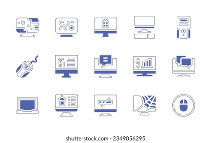 Computer icon set. Duotone style line stroke and bold. Vector illustration. Containing computer, case, mouse, pc, conversation, desktop, clicker.