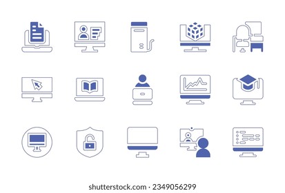 Conjunto de iconos del equipo. Curso de línea de estilo duotónico y negrita. Ilustración vectorial. Conteniendo documentos, habilidades, computadora, diseño, lugar de trabajo, clic, en línea, aprendizaje, software, ingeniero, analítica, ciber.