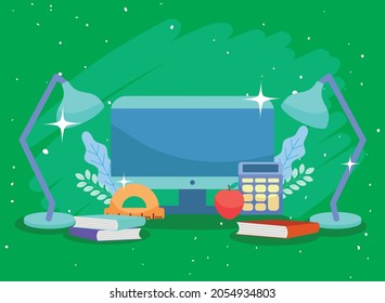 computer with icon set of education theme