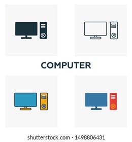 Computer icon set. Four elements in diferent styles from household icons collection. Creative computer icons filled, outline, colored and flat symbols.