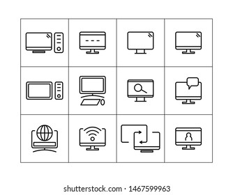 computer icon. Set of computer icons. laptop, communications icons. contact us icons. black line vector