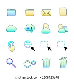 Computer icon set include folder, cloud, trash, mail, cursor and search.