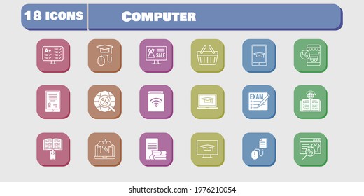 computer icon set. included audiobook, test, learning, student-desktop, click, shopping basket, exam, online shop, tablet icons on white background. linear, filled styles.