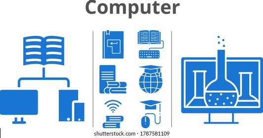 computer icon set. included chemistry, school, homework, book, elearning, enter icons. filled styles.