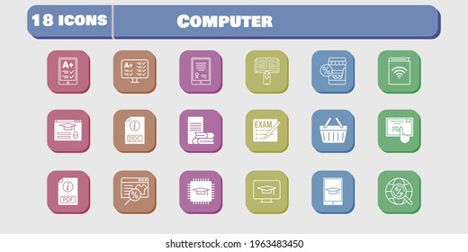 computer icon set. included chip, audiobook, test, shopping-basket, touchscreen, student-desktop, login, exam, online shop icons on white background. linear, filled styles.