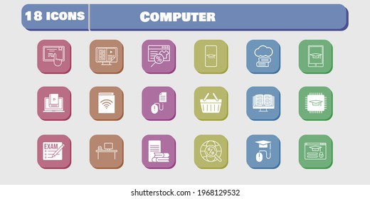 conjunto de iconos del equipo. chip incluido, audiolibro, aprender, pantalla táctil, cesta de compras, inicio de sesión, clic, examen, smartphone estudiante, iconos de la biblioteca en la nube sobre fondo blanco. estilos lineales y llenos.