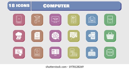 computer icon set. included chip, test, learn, shopping-basket, touchscreen, learning, student-desktop, cloud library, online shop icons on white background. linear, filled styles.