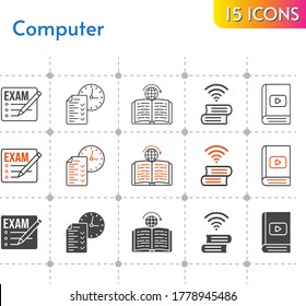 computer icon set. included exam, e-book, test, book, learning, book icons on white background. linear, bicolor, filled styles.