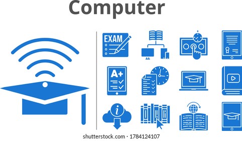 computer icon set. included exam, tablet, e-reader, cap, laptop, e-book, test, school, book, tablet, learning, information icons. filled styles.