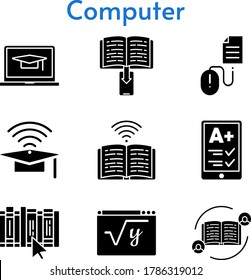 computer icon set. included feedback, ereader, ebook, cap, maths, book, click icons. filled styles.