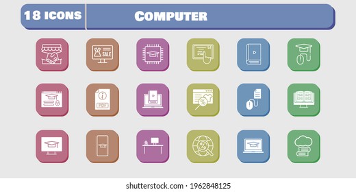 computer icon set. included handshake, chip, learn, touchscreen, student-desktop, login, click, student-smartphone, cloud library icons on white background. linear, filled styles.