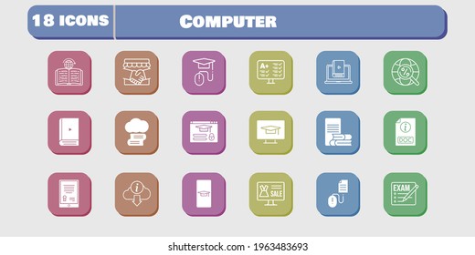 computer icon set. included handshake, test, learn, learning, login, student-desktop, click, student-smartphone, exam icons on white background. linear, filled styles.
