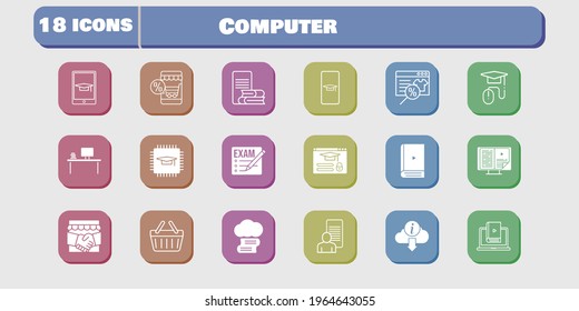 computer icon set. included handshake, study, chip, learn, login, shopping basket, cloud library, student-smartphone, exam icons on white background. linear, filled styles.