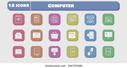 computer icon set. included handshake, audiobook, test, learn, shopping-basket, login, click, student-smartphone, exam icons on white background. linear, filled styles.