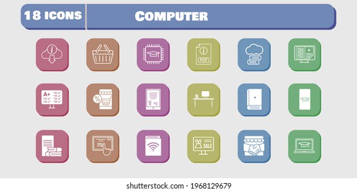 computer icon set. included handshake, audiobook, chip, test, touchscreen, shopping basket, student-smartphone, cloud library icons on white background. linear, filled styles.