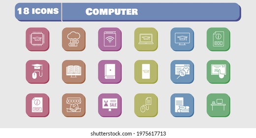 computer icon set. included handshake, chip, audiobook, touchscreen, student-desktop, click, cloud library, student-smartphone, online shop icons on white background. linear, filled styles.