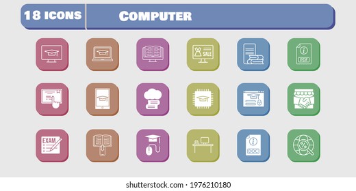 computer icon set. included handshake, chip, touchscreen, login, student-desktop, exam, cloud library, online shop, ebook icons on white background. linear, filled styles.