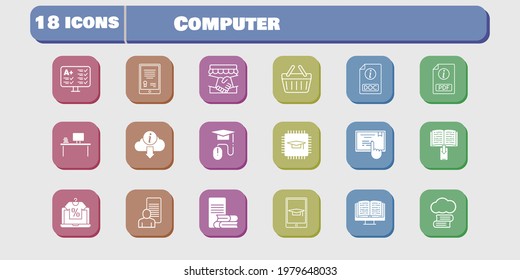computer icon set. included handshake, study, chip, test, touchscreen, shopping basket, cloud library, online shop, tablet icons on white background. linear, filled styles.