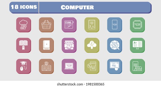 computer icon set. included handshake, chip, test, learning, touchscreen, shopping basket, cloud library, exam, student-smartphone icons on white background. linear, filled styles.