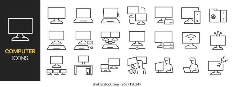 Ícone do computador definido. Ele incluía laptop, notebook, TI, digital, desktop e mais ícones. Traçado de vetor editável.