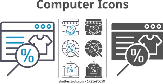 conjunto de iconos del equipo incluido en la tienda en línea, el apretón de manos, los iconos de Internet