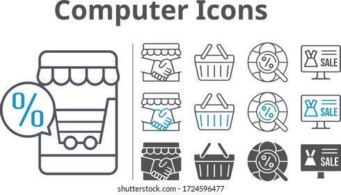 computer icon set included online shop, handshake, shopping-basket, shopping basket, internet icons