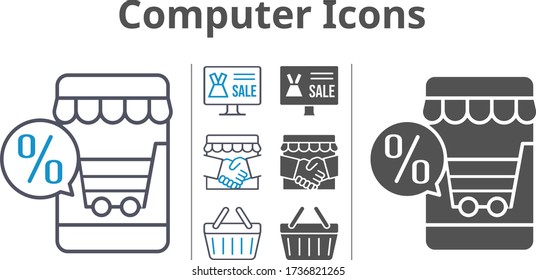computer icon set included online shop, handshake, shopping-basket icons