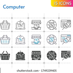 computer icon set. included online shop, handshake, shopping-basket, shopping basket, internet icons on white background. linear, bicolor, filled styles.