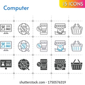 computer icon set. included online shop, handshake, shopping-basket, internet, shopping basket icons on white background. linear, bicolor, filled styles.