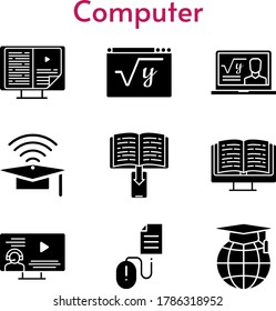 computer icon set. included professor, ebook, cap, instructor, school, maths, click icons. filled styles.