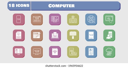 computer icon set. included study, audiobook, test, learn, learning, touchscreen, student-desktop, login, cloud library, student-smartphone icons on white background. linear, filled styles.