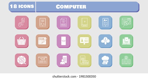 computer icon set. included study, learn, learning, shopping-basket, login, click, cloud library, exam, student-smartphone, tablet icons on white background. linear, filled styles.
