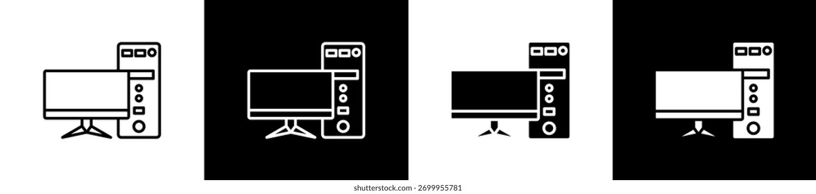 Conjunto de iconos de computadora en línea y estilo de glifo sobre fondo blanco y negro