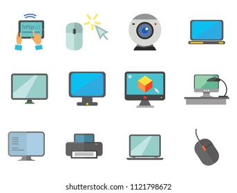 Computer Icon Set. Mouse Tablet Internet Connection Web Camera Open Laptop Desk Monitor Big Monitor Computer Mouse Computer Printer Laptop Monitor Internet Of Things