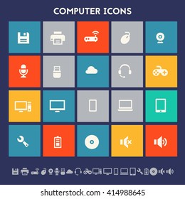 Computer icon set. Multicolored square flat buttons