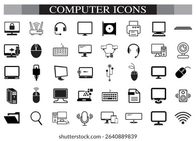 Computer icon set. Computer, network, website, server, web design, monitor, smartphone, tablet and laptop and programming, icons vector collection.