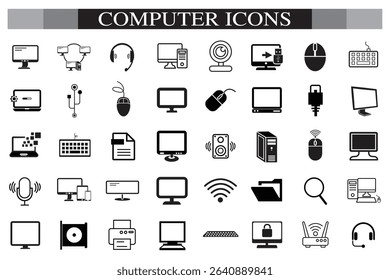 Computer icon set. Computer, network, website, server, web design, monitor, smartphone, tablet and laptop and programming, icons vector collection.