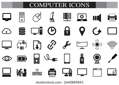 Computer icon set. Computer, network, website, server, web design, monitor, smartphone, tablet and laptop and programming, icons vector collection.