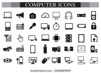 Computer icon set. Computer, network, website, server, web design, monitor, smartphone, tablet and laptop and programming, icons vector collection.