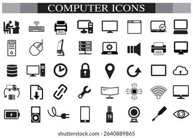 Computer icon set. Computer, network, website, server, web design, monitor, smartphone, tablet and laptop and programming, icons vector collection.